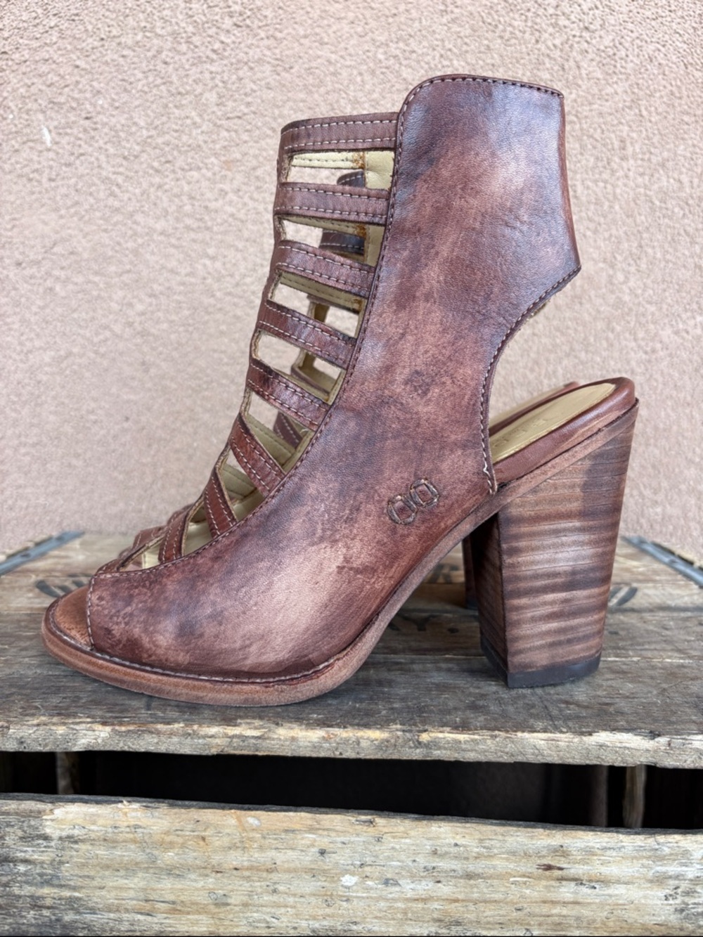 Bed Stu Occam Caged Distressed Leather Peep Toe Boot/Sandal